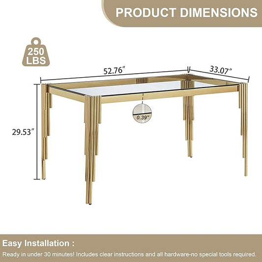 Modern Rectangle Glass Dining Table for 4-6 People, 53" Clear Tempered Glass Desktop with Gold Mirrored Stainless Steel Legs for Apartments, Dinner, Home Office