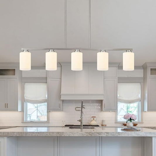 Mecgirn Island Light for Kitchen, Brushed Nickel Dining Room Light Fixture Over Table with Milk Glass Shade, 5-Light Linear Chandelier Pendant Lighting for Dining Table Kitchen Island Living Room