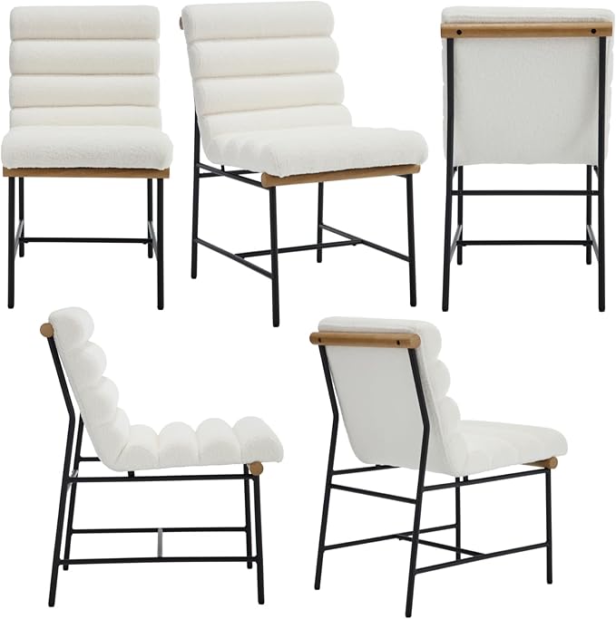 Modern Upholstered Dining Chairs Set of 2, White Sherpa Dining Room Chairs with Tufted Back & Cushion, Comfy Armless Boucle Kitchen Chairs with Black Metal Legs for Dinner Living Room