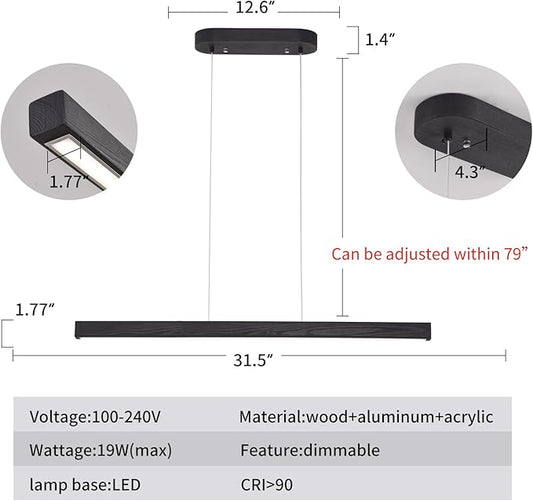 31.5" Black Linear Pendant Light Wooden Led Linear Pendant Light Fixtures Ceiling Hanging Dimmable Pendant Lights for Dining Room Kitchen Island Pool Table Lights Black Wood Finish,Kitchen Lights