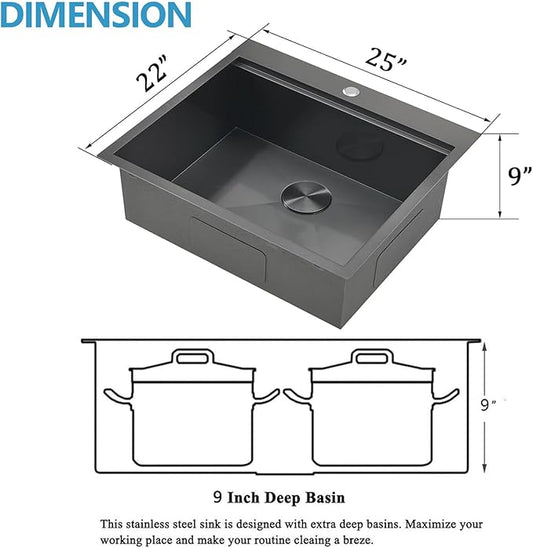 SHACO 25x22 Black Drop In Kitchen Sink, 25 Inch Topmount Stainless Steel Workstation Sink, Single Bowl Bar Prep RV Laundry Small Kitchen Sink with Cutting Board