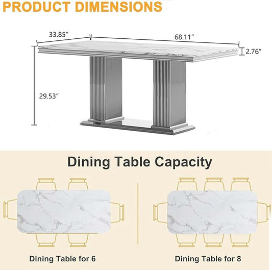 Henf Modern Dining Table for 6-8, 68 Inch White Marble Kitchen Table with Silver Stainless Steel Double Pillar Base, Luxurious Rectangular Faux Marble Dining Room Table for Dining Room,Living Room
