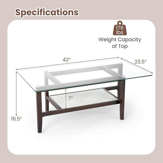 Giantex Glass Coffee Table, 42 Inch 2-Tier Rectangular Cocktail Table with Storage Shelf & Solid Rubber Wood Legs, Modern Center Table for Living Room, Home Office, Brown