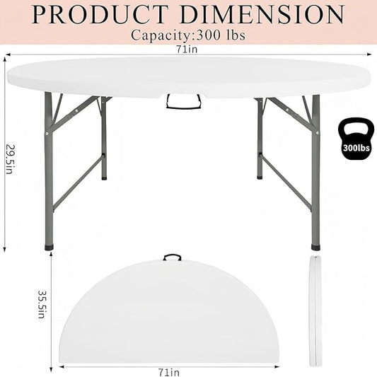 6 FT Round Folding Tables with Carrying Handle 72 inch Heavy Duty Portable Plastic Commercial Table Steel Legs for Party, Dining, Wedding, Events, Picnic Indoor, Outdoor (White,1 Pack)