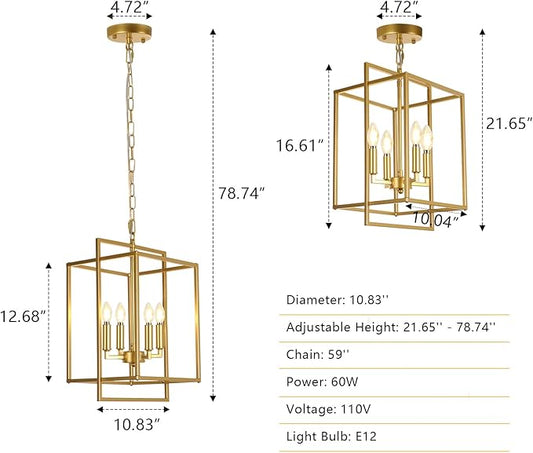 Modern Farmhouse Gold Chandelier, 4-Light Rustic Geometric Chandeliers for Dining Room, Adjustable Metal Hanging Pendant Light Fixture for Entryway Foyer Kitchen Island Hallway