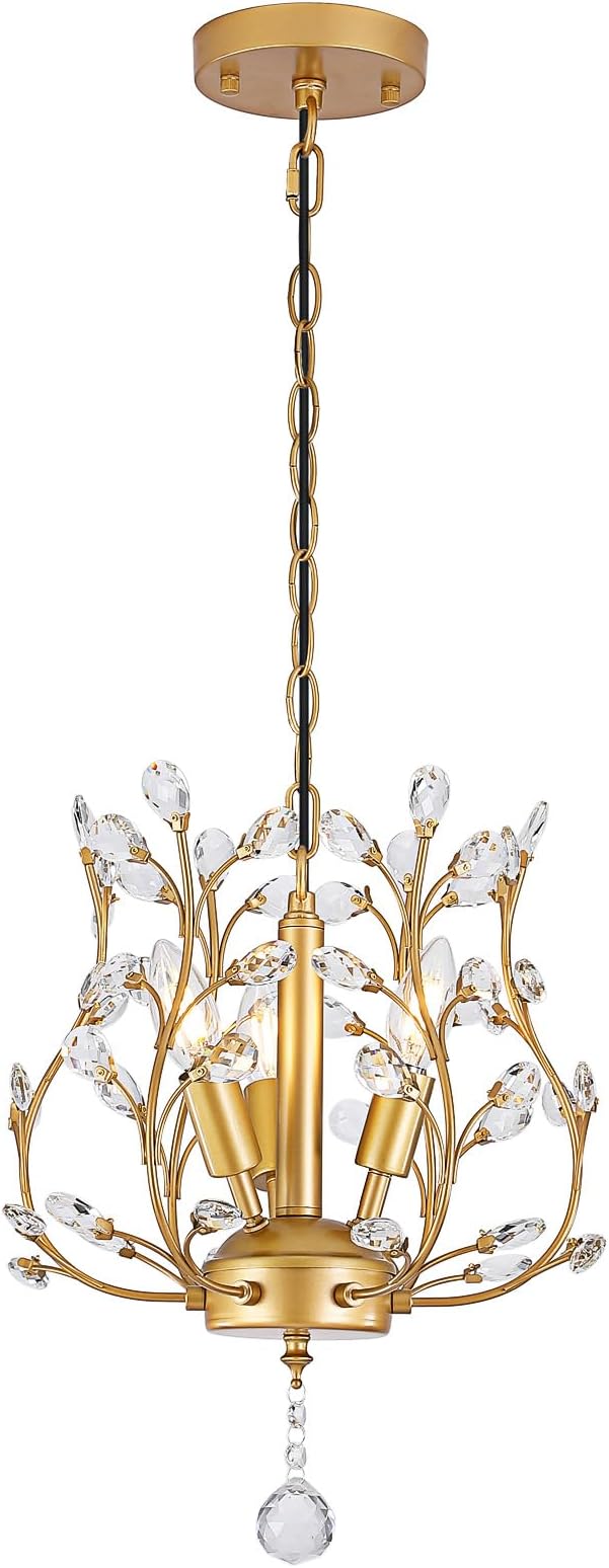 Small Gold Crystal Chandelier, Farmhouse 3-Light Branch Crystal Pendant Light with 47.2'' Adjustable Chain, Vintage 13.8'' Ceiling Hanging Light Fixture for Dining Room, Kitchen, Entryway
