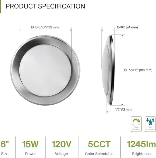 ASD 6 Pack LED Disk Lights 6 Inch, 15W 5CCT 2700K-5000K 1245LM CRI90+, Dimmable Flush Mount Ceiling Light Fixture, Low Profile Surface Mount Disc, Junction Box or Recessed Can Install, UL Energy Star