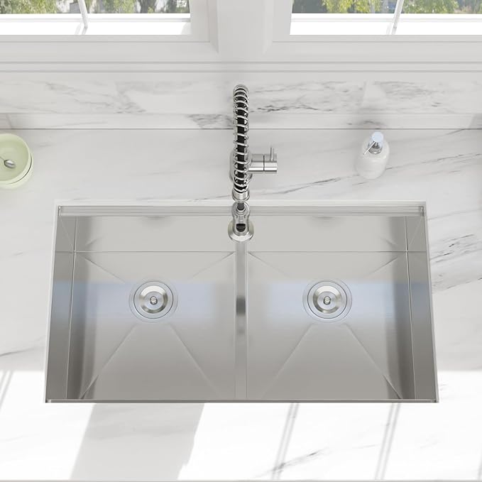 33 Undermount Kitchen Sink - 33x19 Double Bowl Kitchen Sinks Workstation 16 Gauge Stainless Steel Sink Low Divide Double Basin 50/50