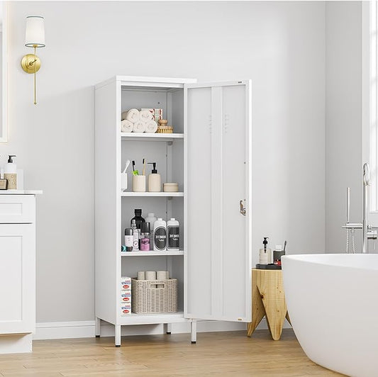 Ckzbx Tall Narrow Storage Cabinet 51.18" H Bathroom Cabinet Metal Pantry Cabinets, 3 Adjustable Shelves for Kitchen, Home Office, Living Room, Dinning Room (White)