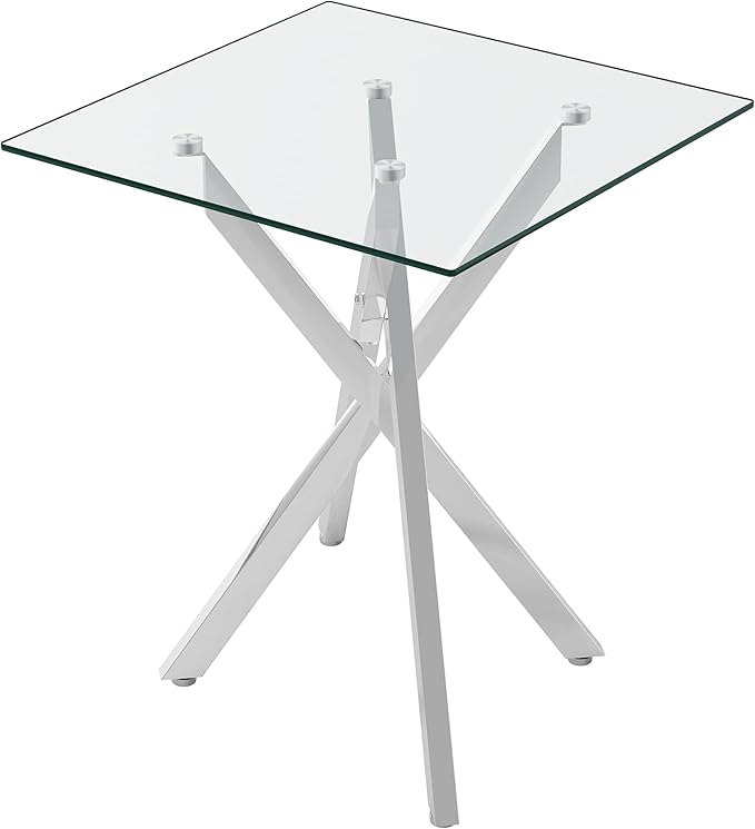 Square Side Table with X-Shaped Silver Chrome Metal Base, Tempered Glass End Tables Small End Table, Living Room Sofa Couch Side Table, Modern Bedsde Tables Bedroom Night Stand, Clear Nightstand