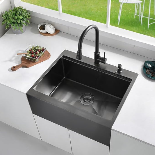 28 Black Drop In Farmhouse Kitchen Sink, Luckyhorse 16 Gauge Nano Black Stainless Steel 28x22 Inches Drop In Topmount Workstation Kitchen Farmhouse Sink With Apron Front LH008SZ