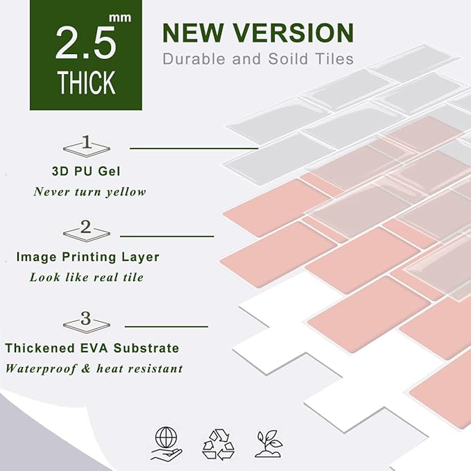 STICKGOO 10-Sheet Pink Subway Tiles Peel and Stick Backsplash, Stick on Tiles Kitchen Backsplash (Thicker Design)