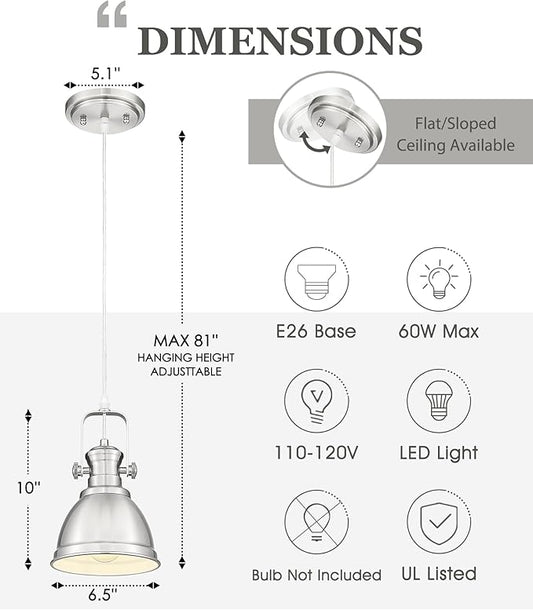 2 Pack Pendant Lights Kitchen Island, Farmhouse Hanging Lights Fixtures with Metal Shade, Rustic Kitchen Pendant Lighting Over Island for Dining Room, Brushed Nickel, AD-2151-1P2-SN