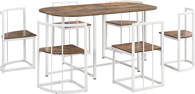 RuiSiSi Modern Dining Table Set for 6 Kitchen Table Set with 6 Dining Chairs and Faux Marble Tabletop for Kitchen, Dining Room, Small Space, Cherry+White