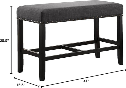 Grey Fabric Counter Height Dining Bench with Nailhead Trim, Ideal for Kitchen Islands and Dining Areas, Sturdy Construction and Easy Assembly Included