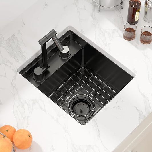 Sarlai Black Outdoor Sink, 15x17 Inch Undermount Kitchen Sink Workstation with Foldable Faucet Bar Prep Single Bowl Gunmetal Black 16 Gauge Stainless Steel Sinks with Cover,BBQ Sinks Outside