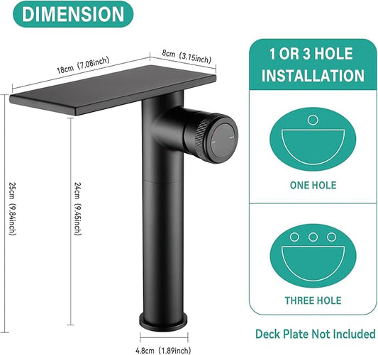becola Modern Matte Black Bathroom Faucet,Tall Waterfall Faucet for Bathroom Sink,Single Hole Cold and Hot Basin Mixer Tap,Single Handle Vanity Faucet with Adjust Knobs and Two Supply Lines
