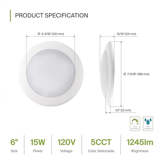 ASD 12 Pack LED Disk Lights 6 Inch, 15W 5CCT 2700K-5000K 1245LM CRI90+, Dimmable Flush Mount Ceiling Light Fixture, Low Profile Surface Mount Disc, Junction Box or Recessed Can Install, UL Energy Star