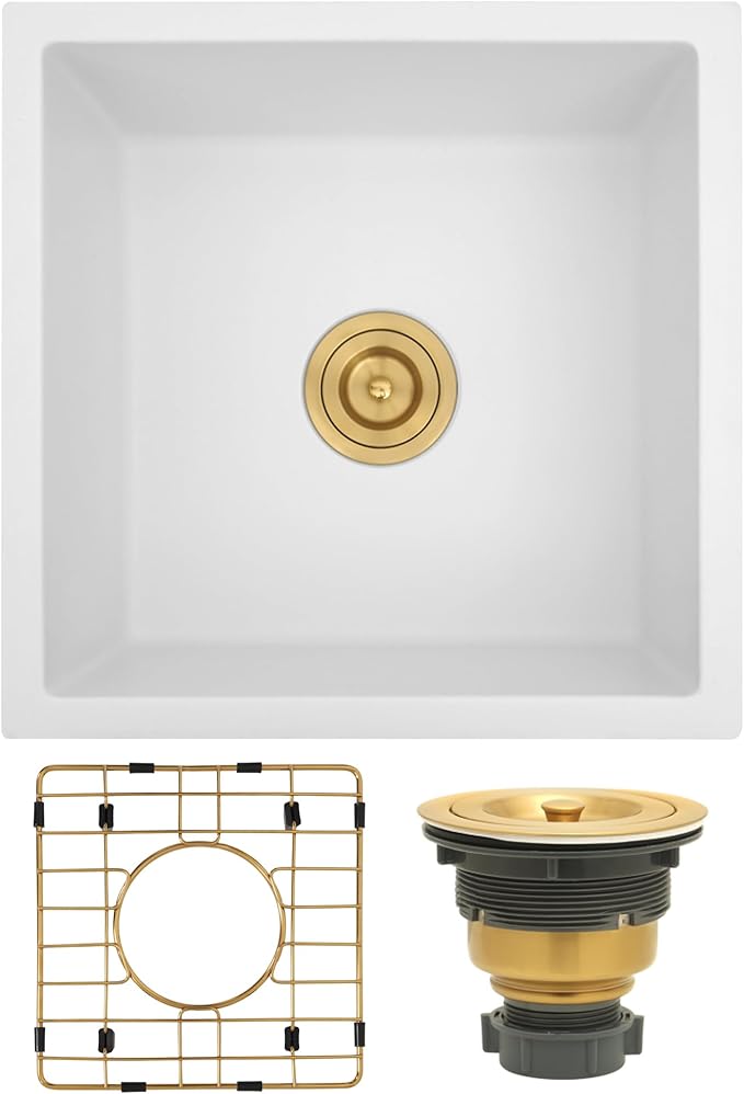 Rhbamoa 15 Inch White Bar Sink,Undermount Small Wet Bar Sinks 15''x15''x9'',9 Inch Depth White Single Bowl Quartz Kitchen Sinks with Accessories