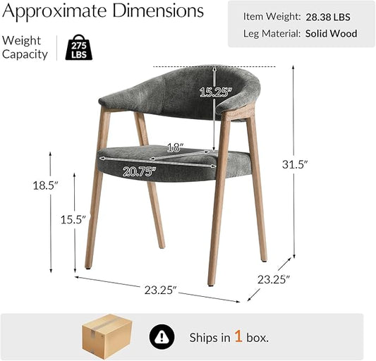 HULALA HOME Dining Chairs Set of 2, Mid-Century Modern Upholstered Dining Room Chair with Armrest, Curved Backtrst & Solid Wood Legs, Kitchen Side Chairs for Resurant, Living Room - Dark Gray