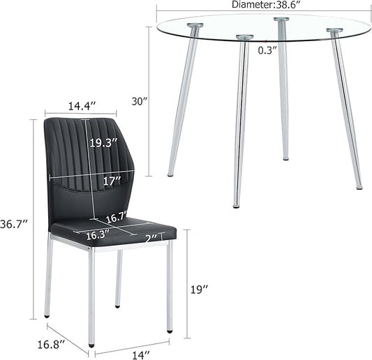 38.6 Inch Round Tempered Glass Dining Table and Chairs Set for 4, Transparent Kitchen Table with Silver Metal Legs & Black PU High-Resilience Chairs, Modern Style for Dining Room, Kitchen