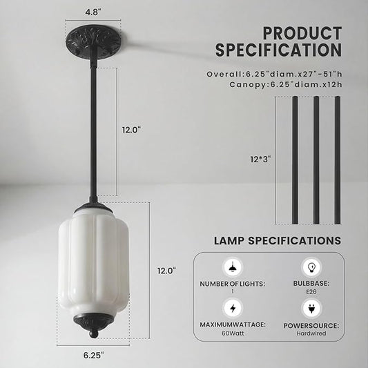 Farmhouse Pumpkin Pendant Light Vintage Milk Glass Shade, Brass Color Adjustable Canopy, Retro Industrial Glass Ceiling Light Fixture for Dining Room, Entryway,Kitchen Island (Black White)
