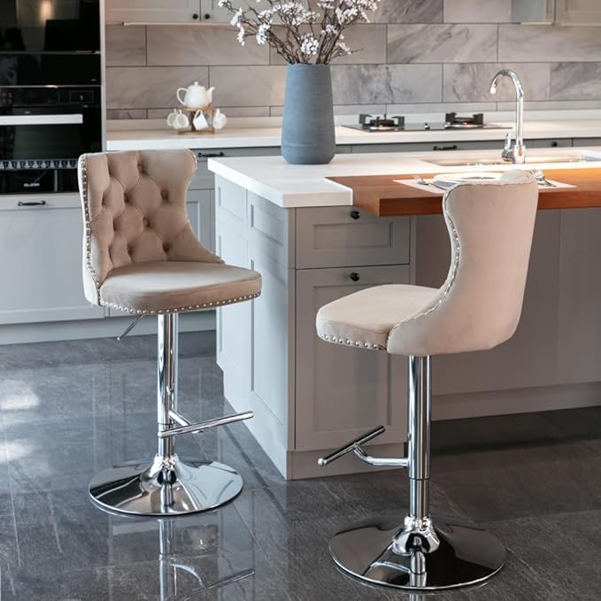 17.7 inch Base, Modern Upholstered Bar Stools with Backs Comfortable Tufted for Home Pub and Kitchen Island,Gray,Set of 2 (Khaki + Velvet + Foam)