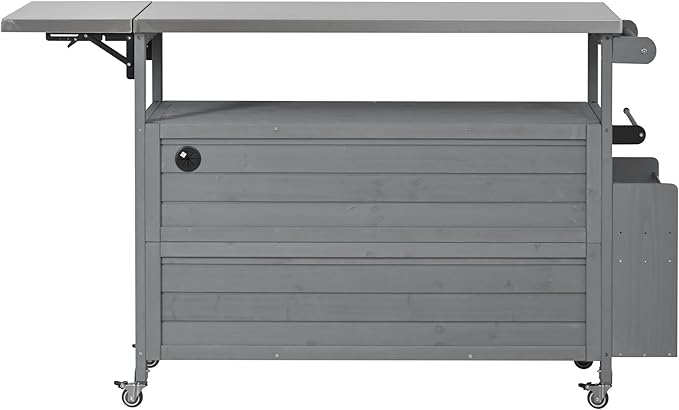 MERITLINE Foldable Outdoor Kitchen Island with Stainless Steel Top & Fir Wood Frame, Adjustable Hidden Shelf & Two-Tier Rack, Lockable Casters for Patio, Garden, Balcony, Grey