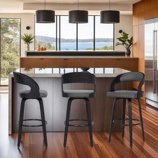 Armen Living Shelly 26" Counter Height Swivel Gray Faux Leather and Black Wood Bar Stool - Set of 2