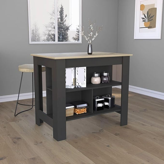 Kitchen Island Kitchen Table 35" H Four Legs with 3 Open Storage Shelves Wide Top for Meal Prep Spacious Leg Room Practical(Natural Black)