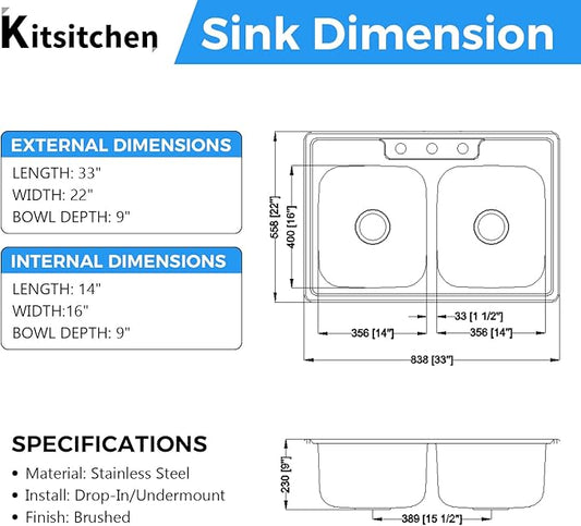 Kitsitchen 33x22-Inch Drop-in Stainless Steel 50/50 Double Bowl Kitchen Sink with Strainer, Top Mount Double Bowl Kitchen Sinks with 3 holes (33" X 22"X 9")