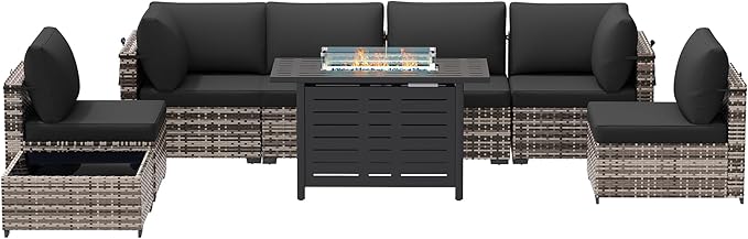 Patio Furniture Set 7 Pieces Conversation Set Wicker Outdoor Sectional Sofa,Ergonomic Armrests Couch with Cushion and Glass Table (White-Black, 8 Piece-Fire Table)