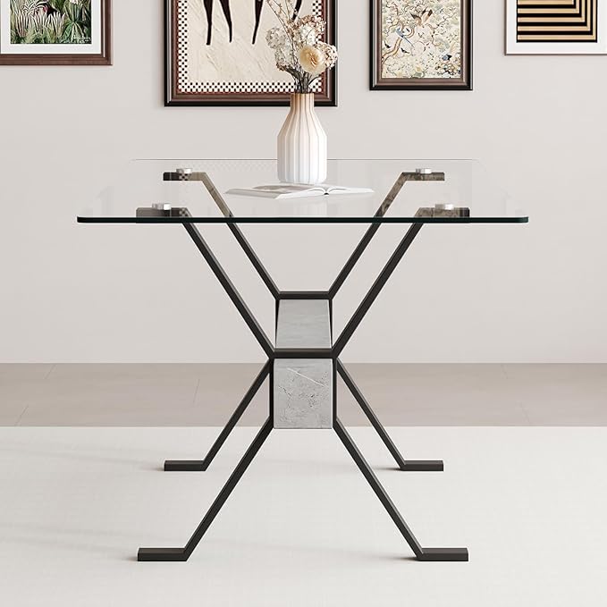 Glass Dining Table 71"|Modern Dining Table for 6|0.4" Thick Tempered Glass Top|Matte Black Metal Legs|Grey Crossbar|Easy Assembly|Perfect for Dining Room or Kitchen