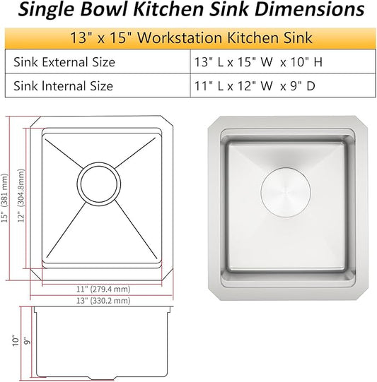 Undermount Bar Sink, 16 Gauges 304S Stainless Steel Workstation Sinks with Accessories, 13" x 15" x 10" Small Kitchen Sink for RV,Outdoor,Kitchen,Bathroom and Wetbar