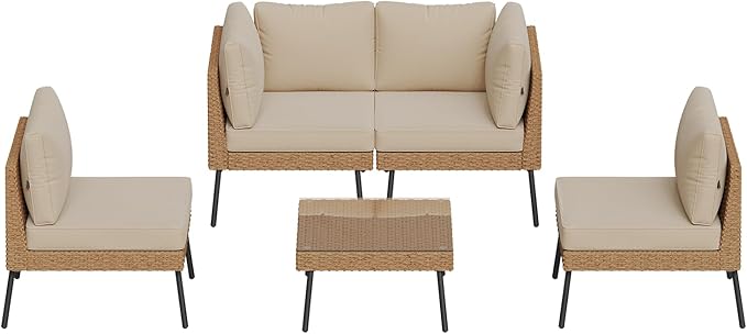 Aoxun Patio Furniture Set, 5 Piece Outdoor Sectional Sofas with Thick Cushion, Wicker Outdoor Patio Furniture Set with Coffee Table for Party, Garden, Backyard, Beige