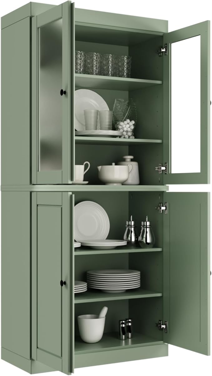 Palace Imports 100% Solid Wood Kitchen Pantry w/ 2 Frosted Glass Doors &Bottom Wooden Storage Cabinet, Sage, 32" w x 71.5" h, Renewable Eco-Friendly Wood, Made in Brazil