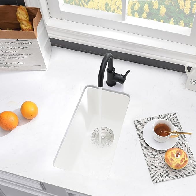 10 Inch White Bar Sink Undermount-VASOYO 10x18 Inch Undermount Wet Bar Sink Small Rv Kitchen Sinks White Quartz Composite Deep Single Bowl Small Kitchen Sinks with Bottom Grid