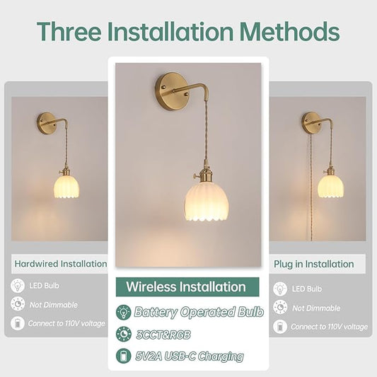 Shenmoyl Battery Operated Wall Sconce with White Tulip Shade Pattern Glass Adjustable Chain Retro Gold Wall Mounted Light, Modern Wall Lamp Fixtures Decor for Bedside Bedroom Indoor Doorway