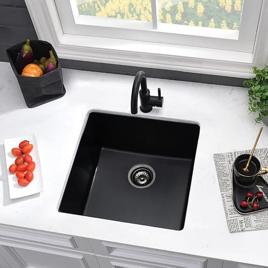 21 Inch Black Undermount Bar Sink-VASOYO 21x19 Undermount Wet Bar Sink Black Granite Composite Single Bowl Quartz Outdoor Rv Kitchen Sinks Small Prep Sinks with Bottom Grid
