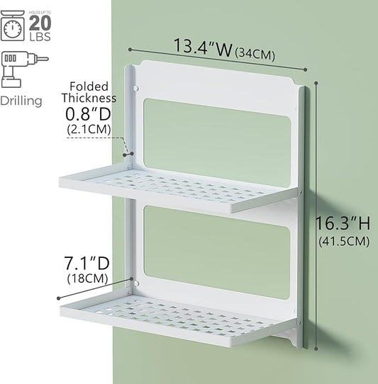 2-Tier Folding Metal Wall Shelf | Wall Mounted Stackable Floating Shelves | Fold Up 90° | Save Space | 13.4 Inch Wide | 2 Levels of Shelves for Laundry Room Bathroom Rv Utility Indoor (White)