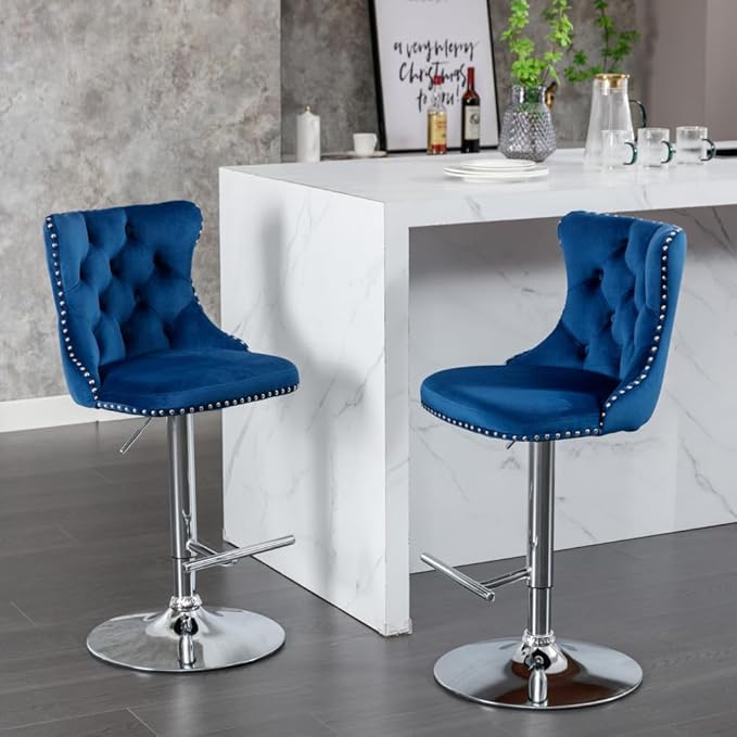 17.7 inch Base, Modern Upholstered Bar Stools with Backs Comfortable Tufted for Home Pub and Kitchen Island,Gray,Set of 2 (Blue + Velvet + Foam-2)