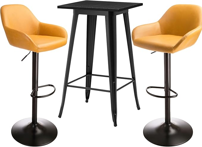 Glitzhome Bar Table and Chairs Set, Square Black Steel Pub Table with Soild Elm Wood Top and Bar Height Adjustable Swivel PU Leather Bar Stool for Breakfast Nook Living Room Small Space Restaurant