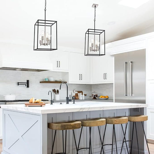 VINLUZ 4-Light Lantern Chandelier Light Fixture Black and Brushed Nickel Finish Industrial Farmhouse Pendant Lighting Square Cage Kitchen Island Hanging Ceiling Light for Dining Room