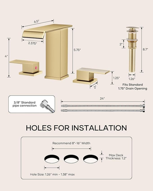 AVSIILE Waterfall Bathroom Faucet 3 Hole, Brushed Gold 8 Inch Widespread Modern 3 Piece Bathroom Sink Faucets & Parts, Touch On Lavatory Faucet for Bathroom Vanity