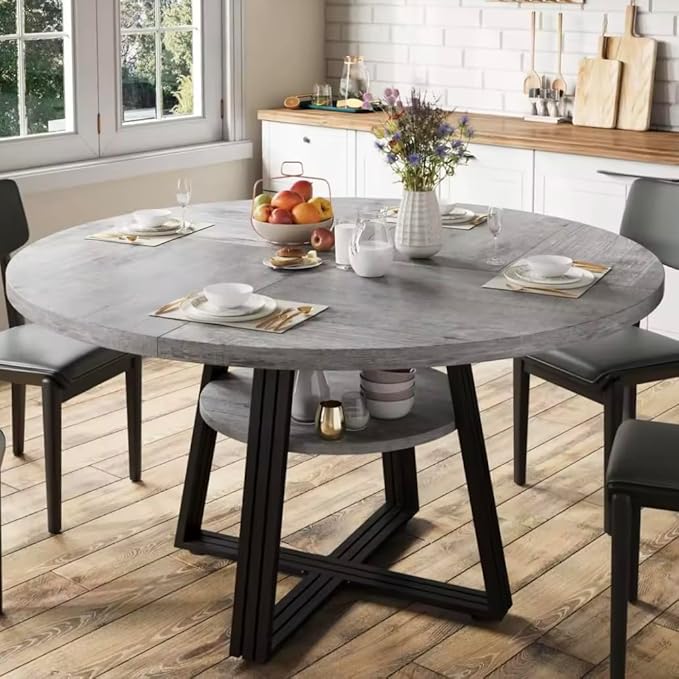 GarveeHome 47 Inch Round Dining Table for 4-6, Farmhouse Pedestal Kitchen Table with Storage Shelf, Space-Saving Circle, for Kitchen, Dining Room, Living Room, Apartment, Table Only- Grey