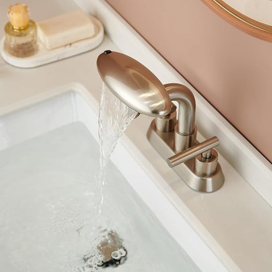 Bathroom Sink Faucet 3 Hole Brushed Nickel 4 Inch Centerset,4 Modes Waterfall Bathroom Faucet 2 Handle with 360° Swivel Spout & Pop Up Drain
