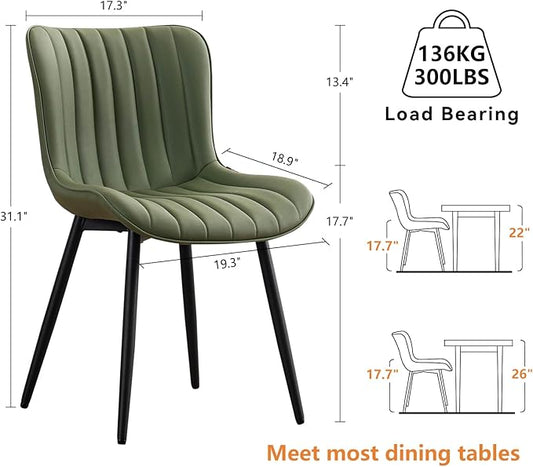 YOUNUOKE Mid-Century Modern Dining Chairs Set of 2, Olive Green Faux Leather Upholstered Accent Chairs with Black Metal Legs, Armless Side Chair for Dining Room, Guest Reception Room