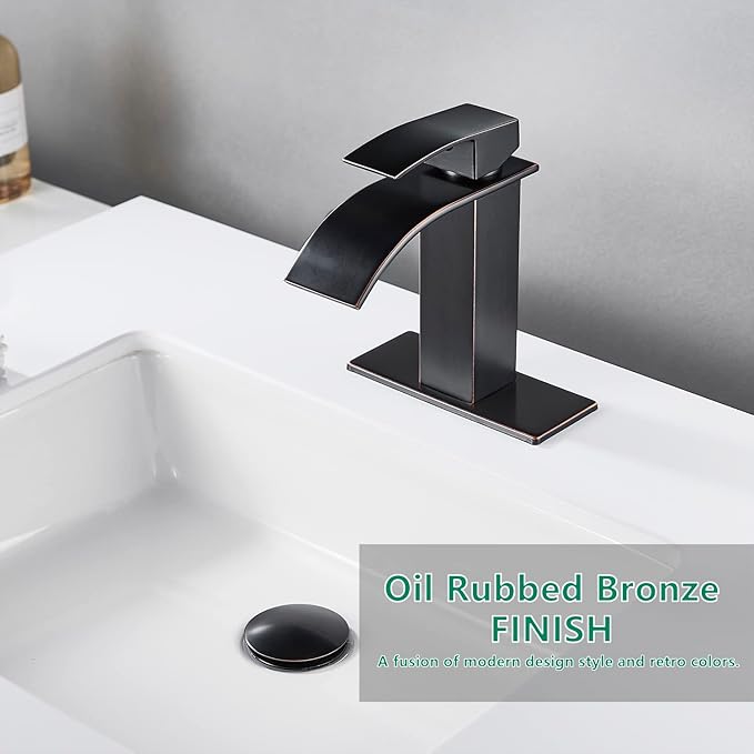VOTON Bathroom Faucets Oil Rubbed Bronze Modern Waterfall Bathroom Sink Faucet Single Handle Bathroom Faucet for 1 or 3 Holes with Deck Plate and Pop-Up Drain, Rv Sink Camper Farmhouse Faucet
