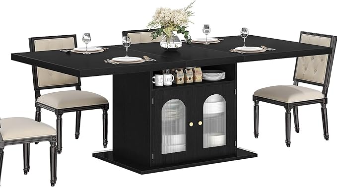 HSH Black Dining Table for 4 to 6, Modern Kitchen Dining Room Table with 3-Tier Storage Shelf and Acrylic Door Cabinet, Rectangular Wooden Dinner Tables for Home Kitchen Living Room, Black Oak,63 in
