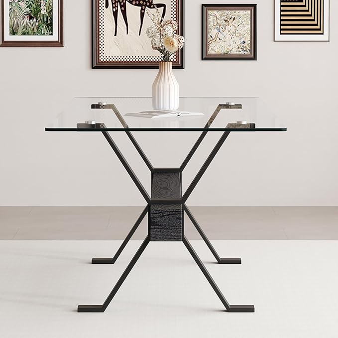 Glass Dining Table 71"|Modern Dining Table for 6|0.4" Thick Tempered Glass Top|Matte Black Metal Legs|Black Crossbar|Easy Assembly|Perfect for Dining Room or Kitchen